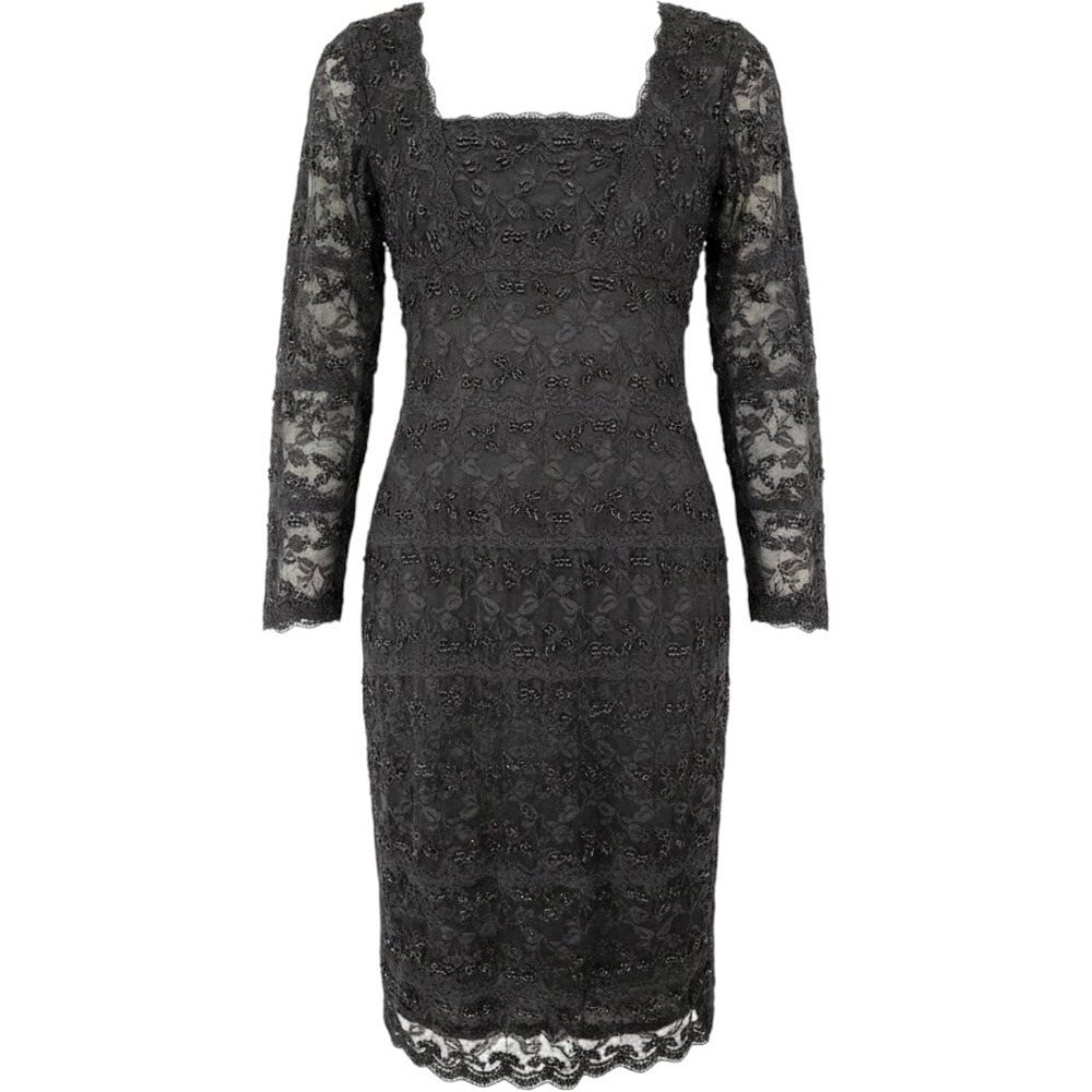 Onyx Nite Black Beaded Lace Cocktail Dress Square Neck 3/4 Sleeve Size‎ 2